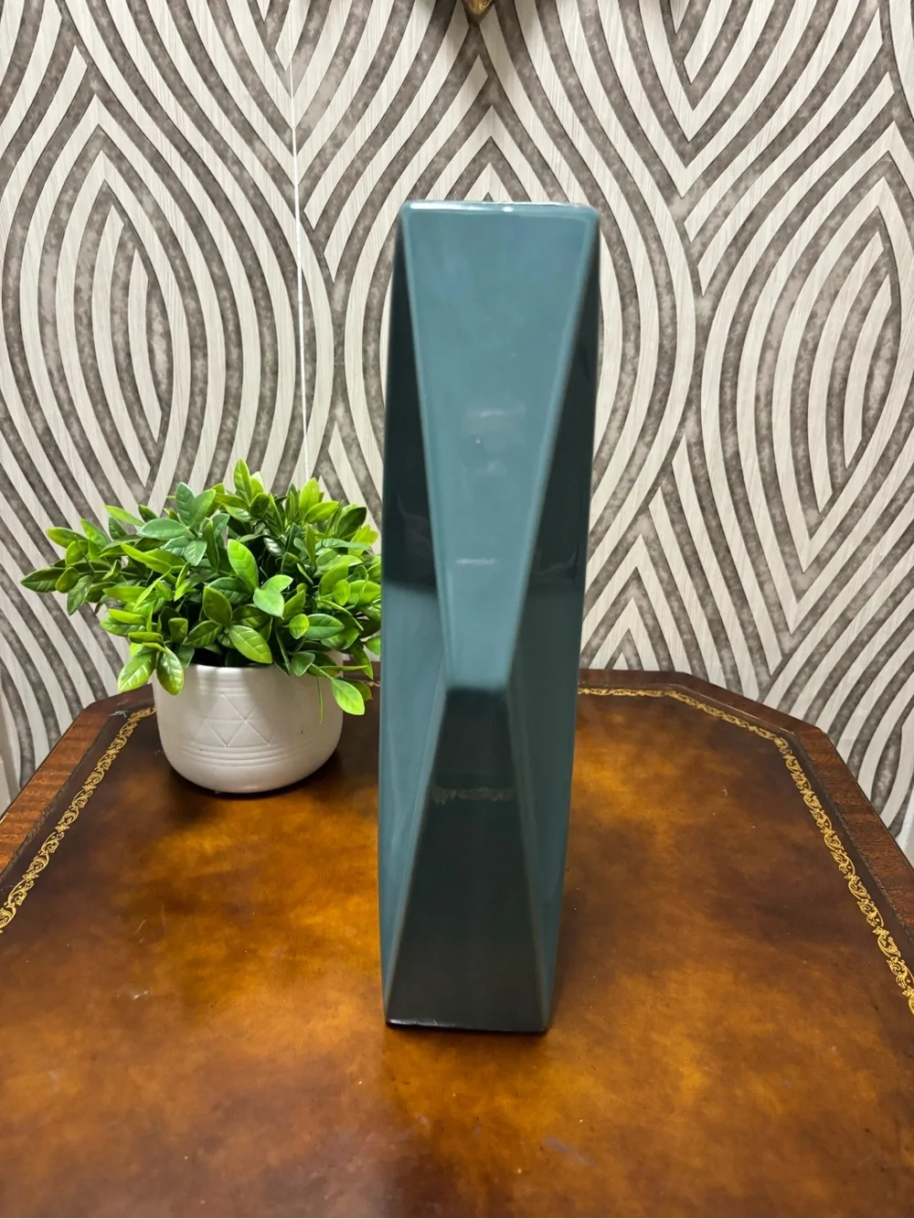 Beautiful teal ceramic geometric vase